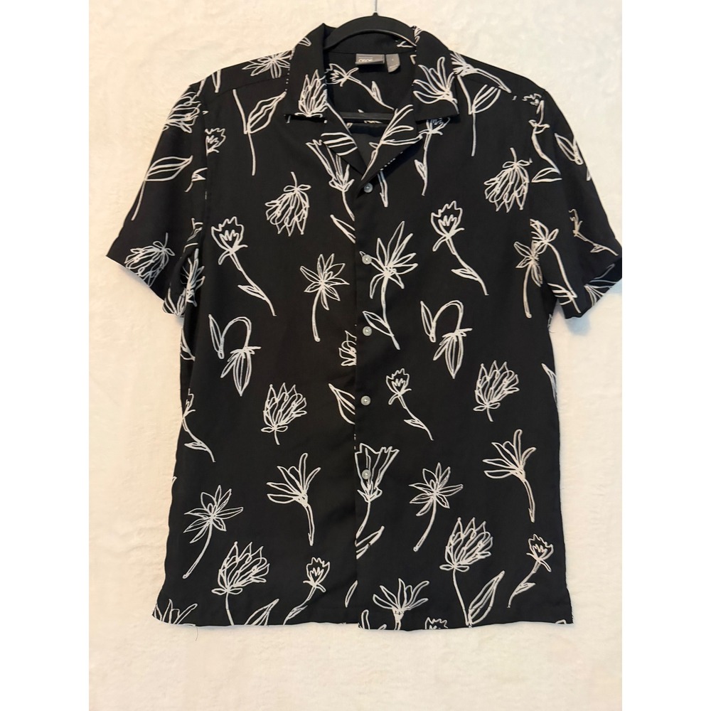 ASOS DESIGN Mens Small Black White Floral Line Art Short Sleeve Camp Collar